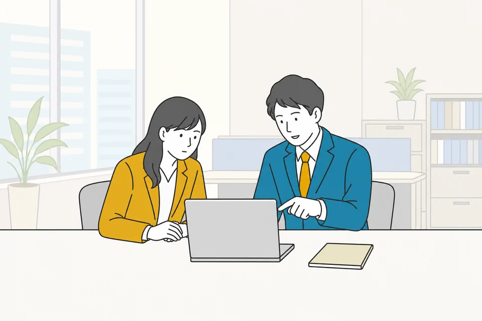 先輩社員がノートパソコンの画面を指しながら後輩に教えているイラスト