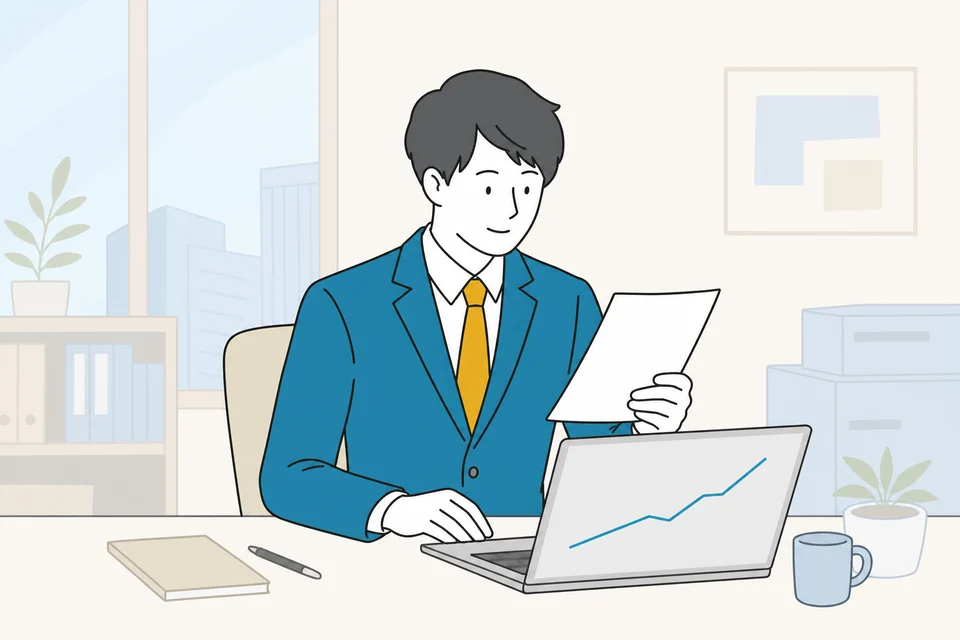 デスクで資料を確認しながらノートパソコンに向かう人のイラスト