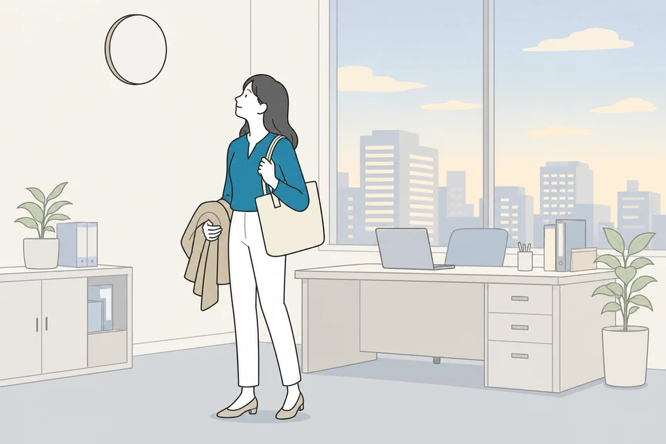 退勤の支度をしながら壁の時計を見上げる人のイラスト
