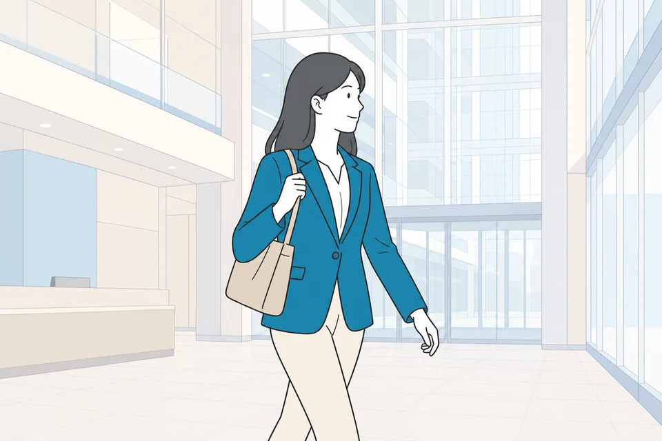 高層オフィスビルのエントランスロビーを歩く人のイラスト